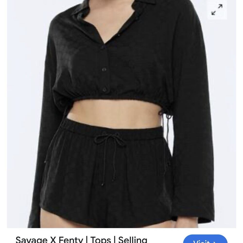 savage x fenty Woven Monogram Black Crop Top With Drawstring Sides New Medium